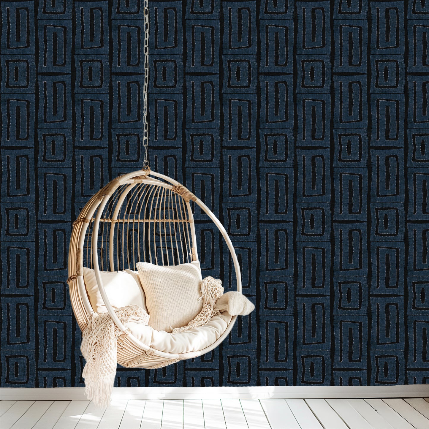 Modern Kuba Cloth Print Wallpaper - Muted Blue (#W103MBL)