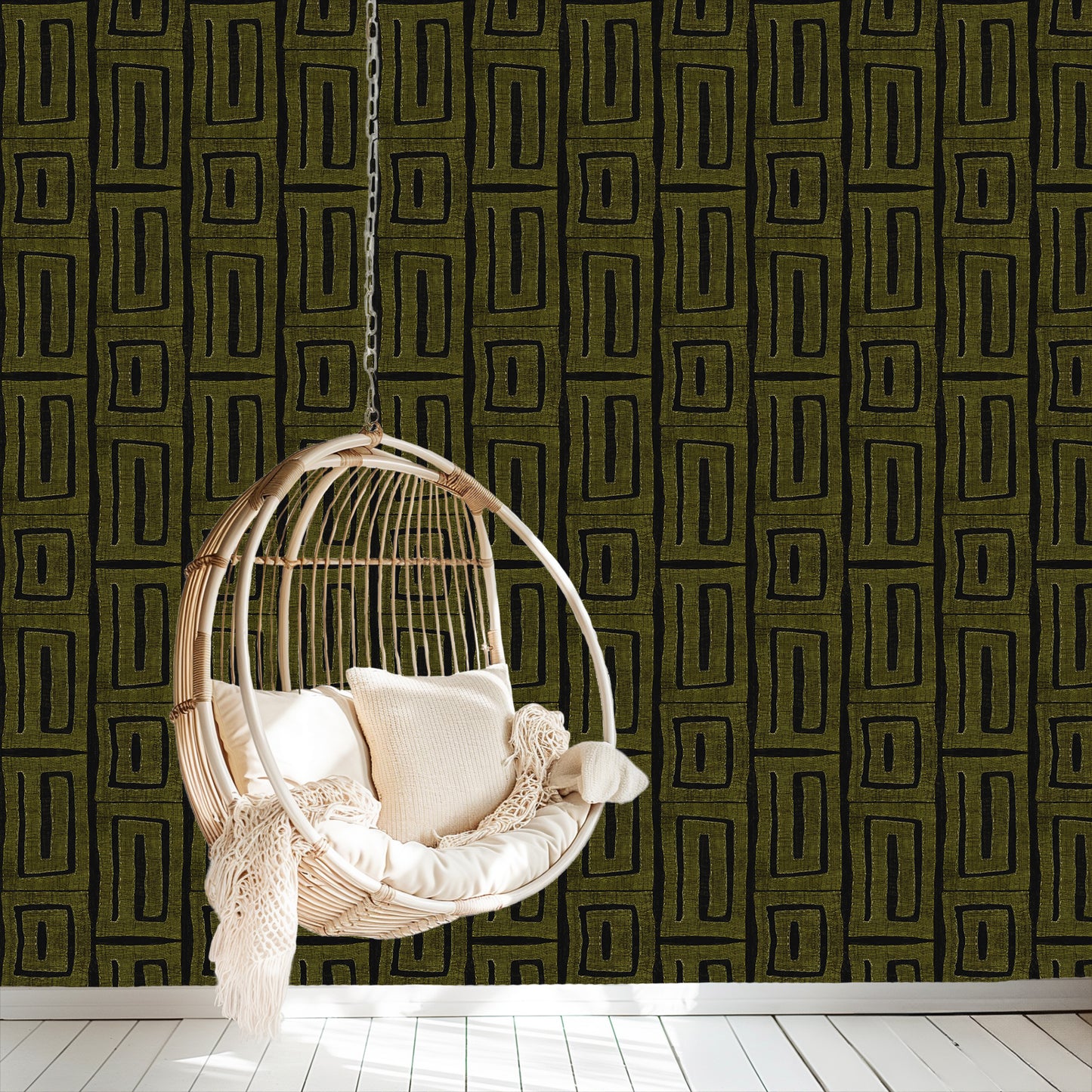 Modern Kuba Cloth Print Wallpaper - Olive (#W103OL)