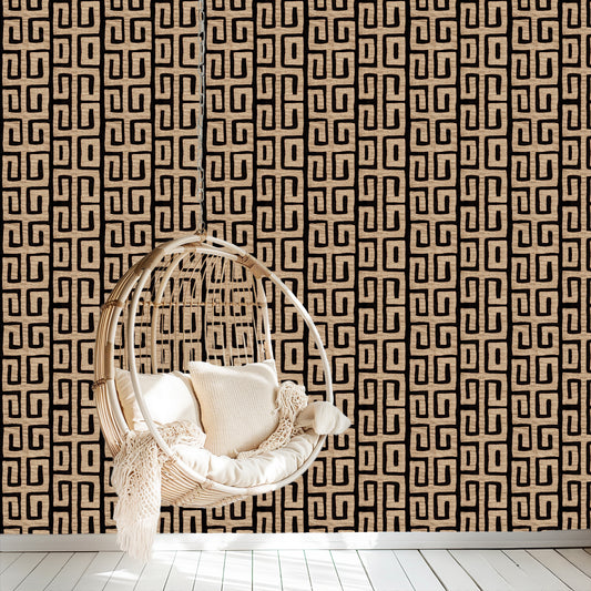 Traditional Kuba Cloth Print Wallpaper  - Tan (#W102T)