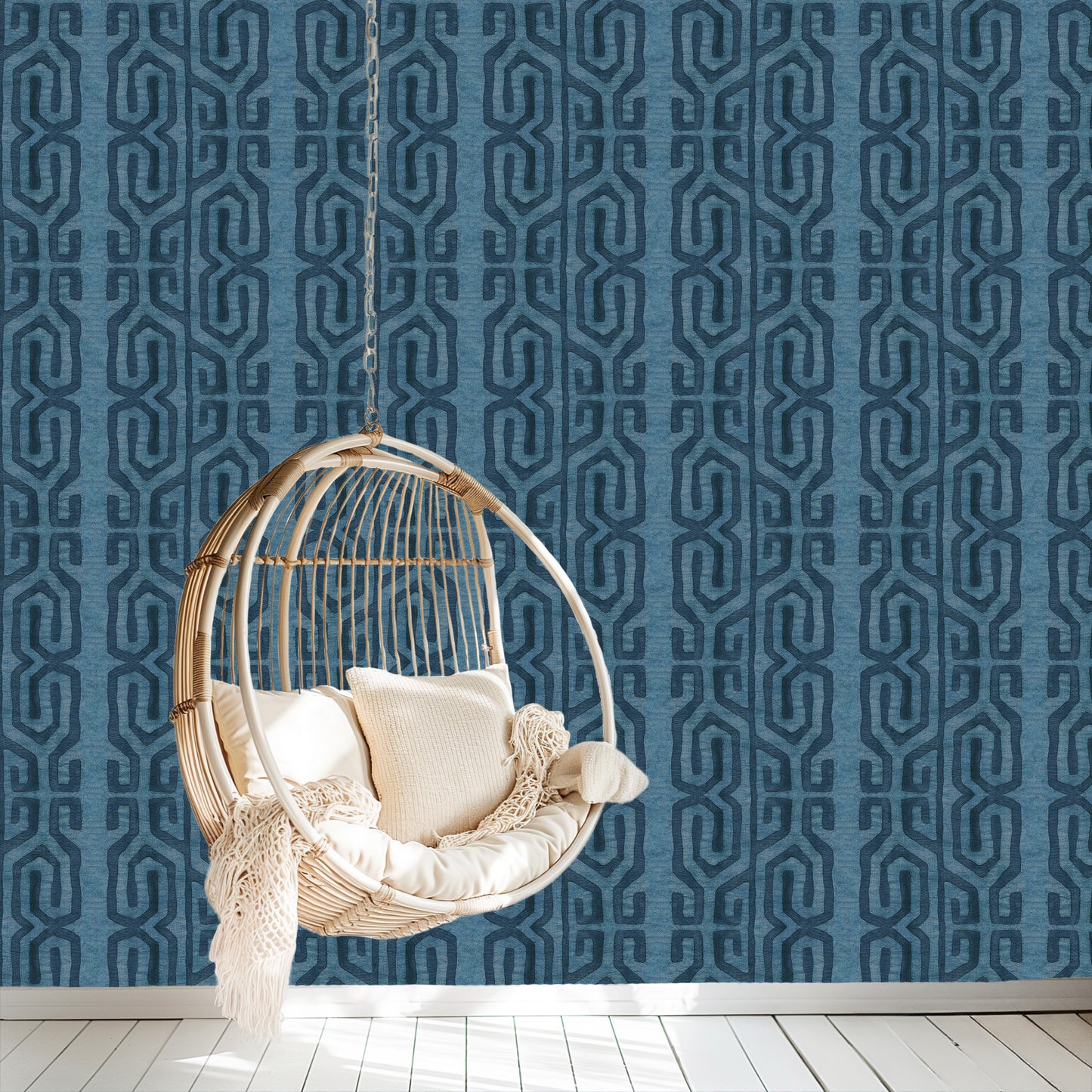 Tribal Kuba Cloth Print Wallpaper - Dusty Blue (#W104DBL)