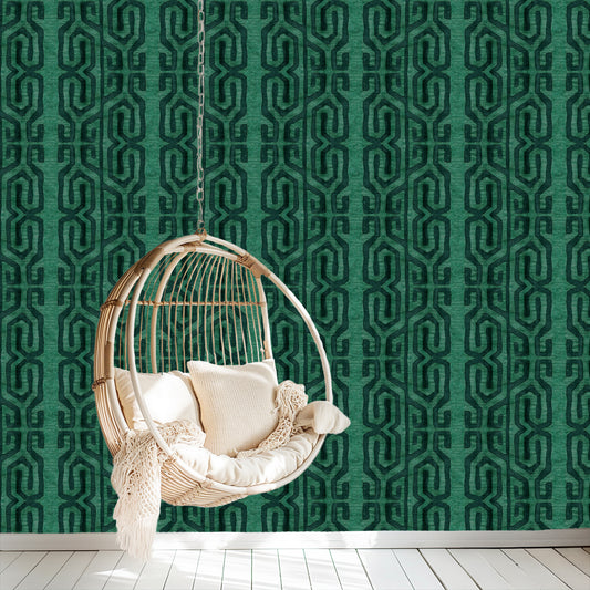 Tribal Kuba Cloth Print Wallpaper - Emerald (#W104E)