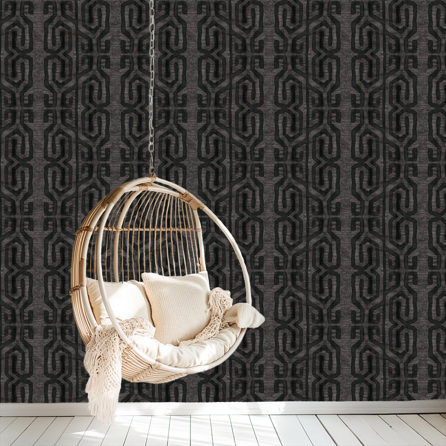 Tribal Kuba Cloth Print Wallpaper - Warm Charcoal (#W104WC)